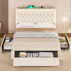 LED Bed Frame with Drawers Beige