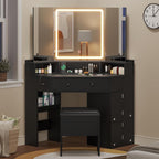 Corner Vanity with Cushioned Storage Stool Black