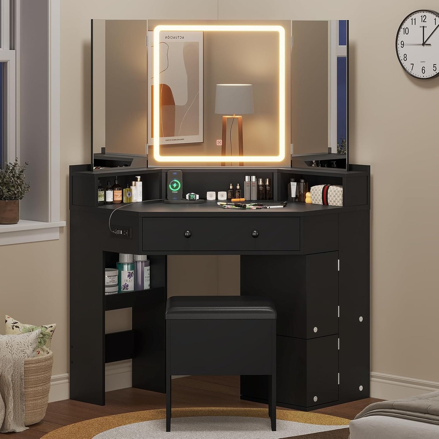 Corner Vanity with Cushioned Storage Stool Black