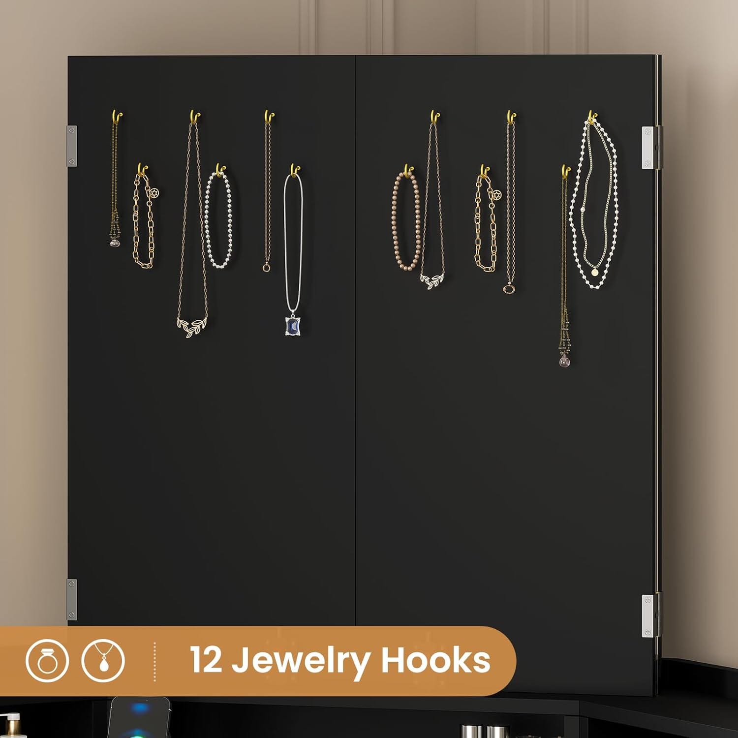 Corner Vanity with Cushioned Storage Stool Black