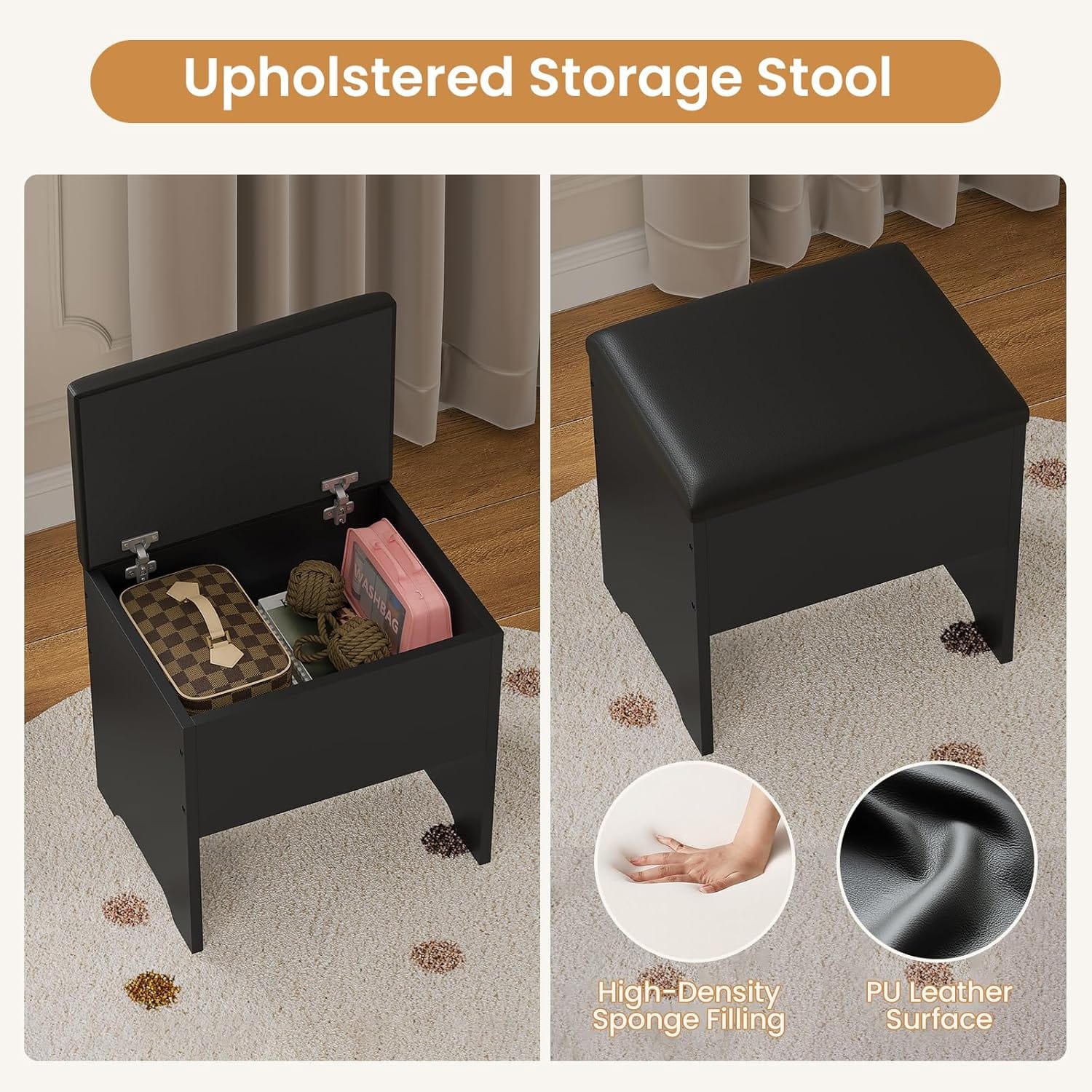 Corner Vanity with Cushioned Storage Stool Black