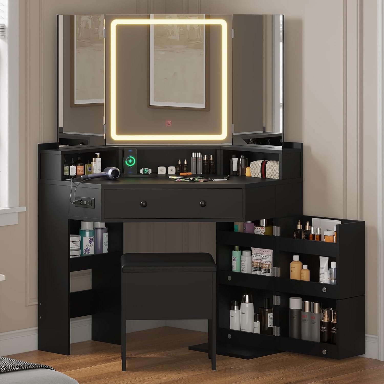Corner Vanity with Cushioned Storage Stool Black