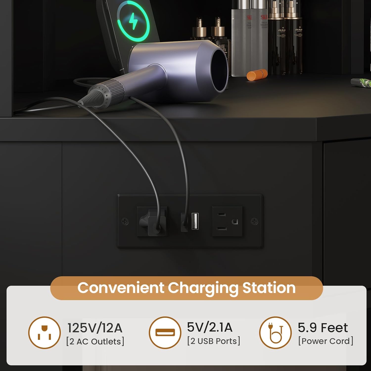 Corner Vanity with Cushioned Storage Stool Black