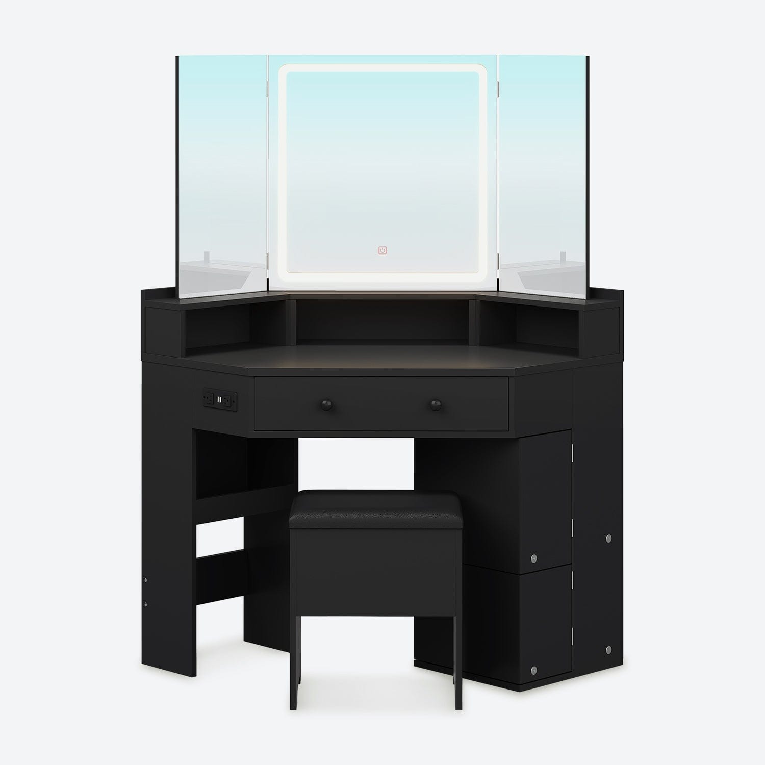 Corner Vanity with Cushioned Storage Stool Black