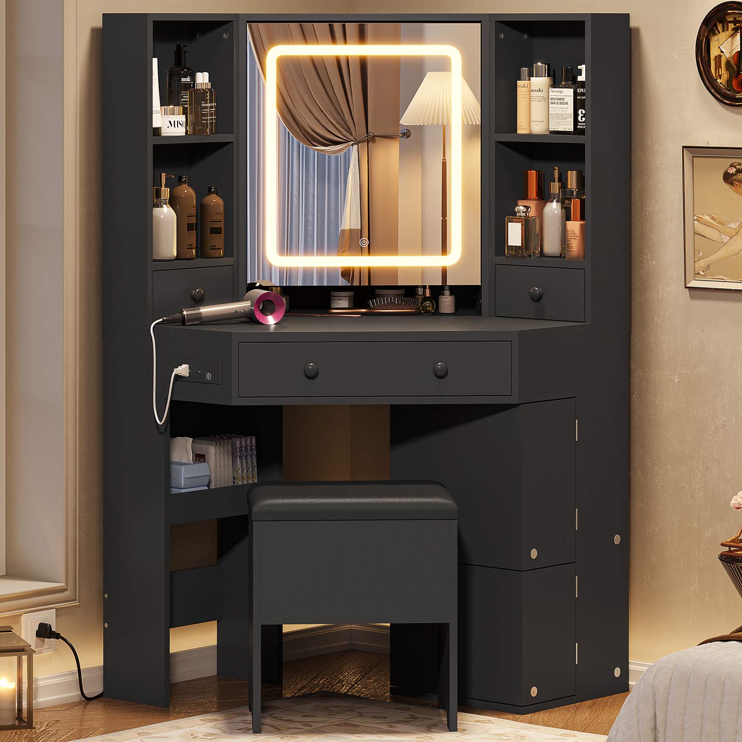 Corner LED Makeup Vanity Table Black