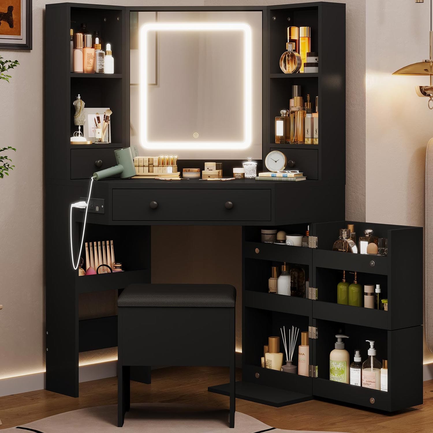 Corner LED Makeup Vanity Table Black