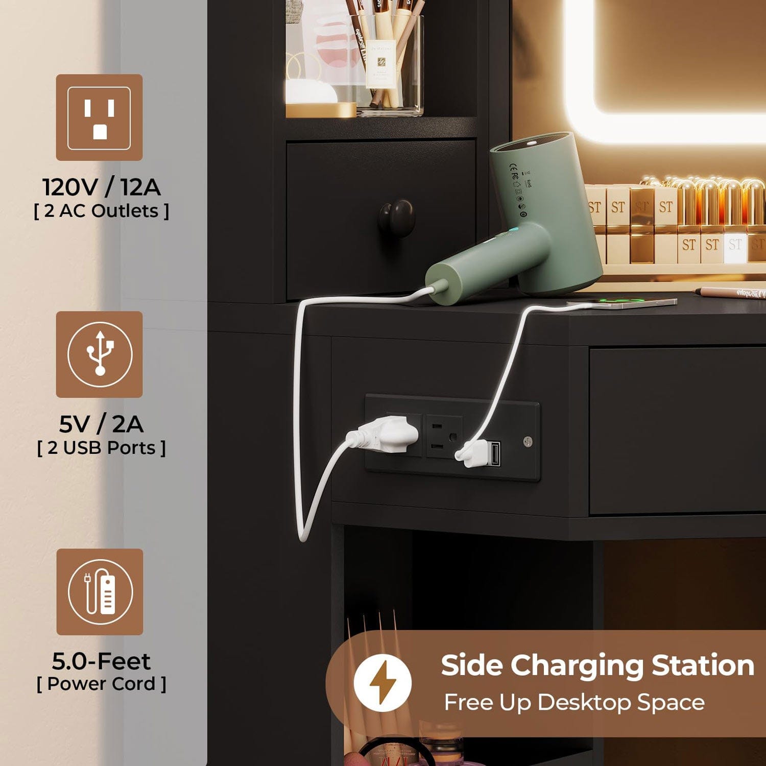 Corner LED Makeup Vanity Table Black