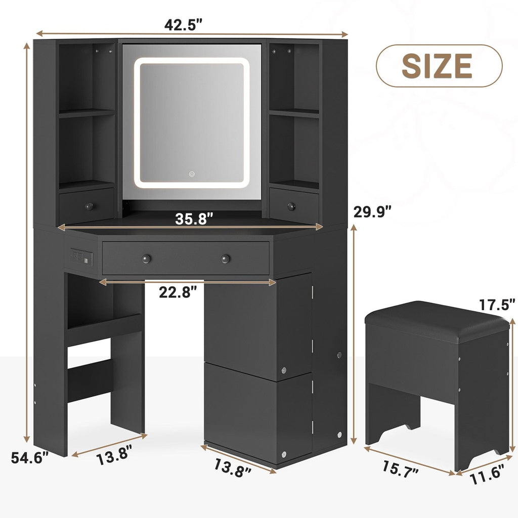 Corner LED Makeup Vanity Table Black