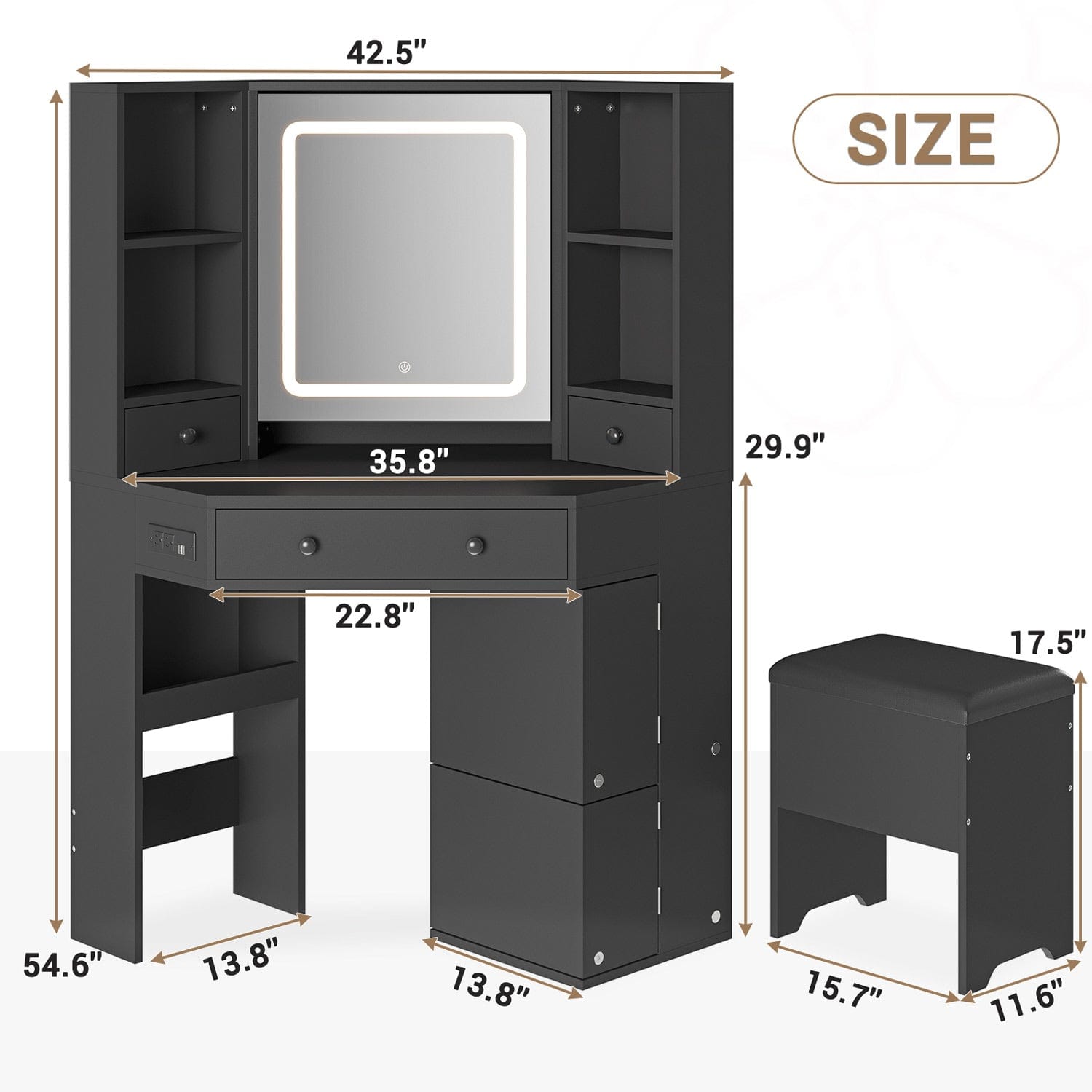 Corner LED Makeup Vanity Table Black