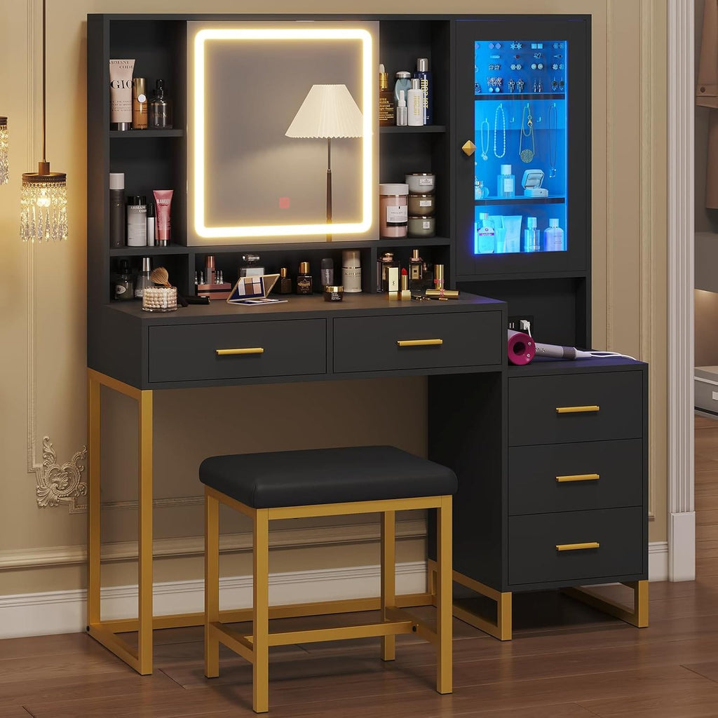 Makeup Vanity with Upholstered Stool Black & Gold
