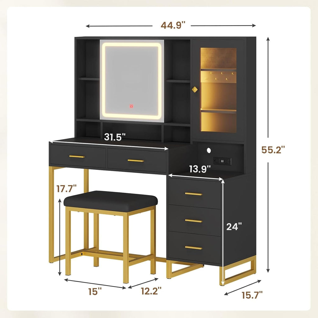 Makeup Vanity with Upholstered Stool Black & Gold