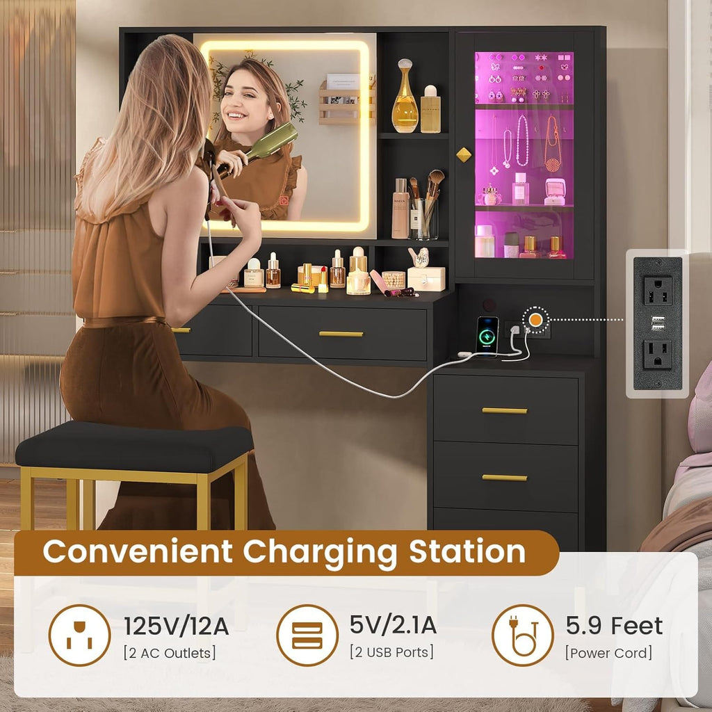 Makeup Vanity with Upholstered Stool Black & Gold