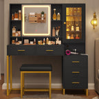 Makeup Vanity with Upholstered Stool Black & Gold