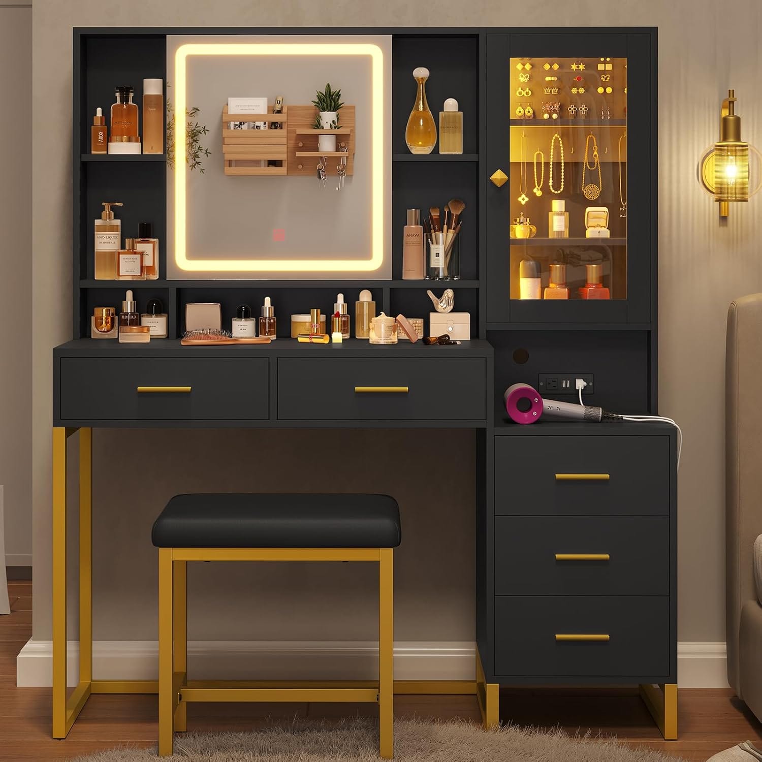 Makeup Vanity with Upholstered Stool Black & Gold