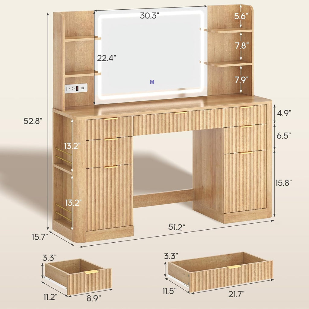 Fluted Makeup Vanity Desk with Mirror and Lights Oak