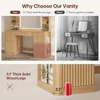 Fluted Makeup Vanity Desk with Mirror and Lights Oak