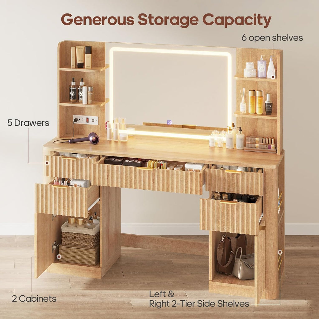 Fluted Makeup Vanity Desk with Mirror and Lights Oak