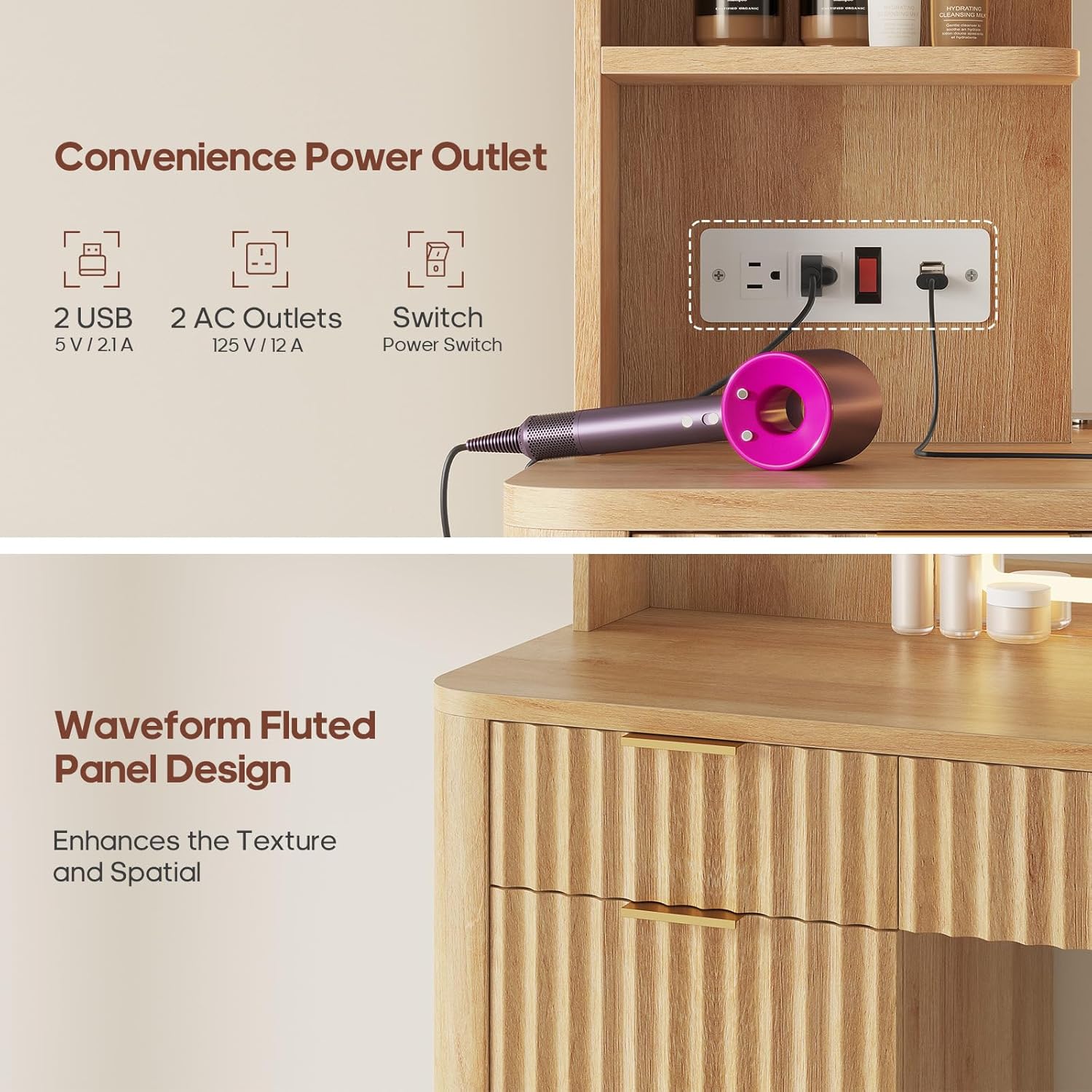 Fluted Makeup Vanity Desk with Mirror and Lights Oak