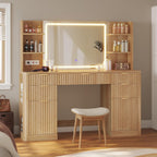 Fluted Makeup Vanity Desk with Mirror and Lights Oak
