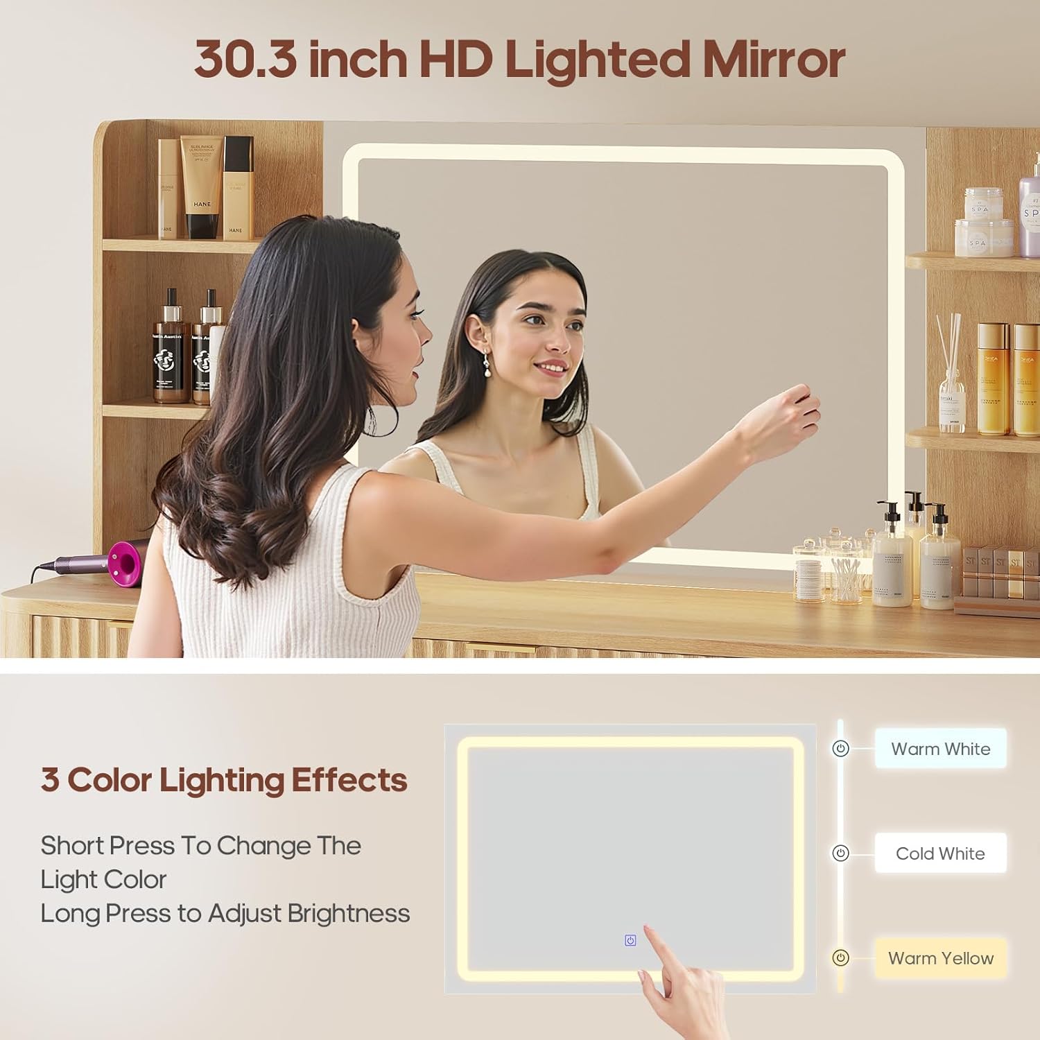 Fluted Makeup Vanity Desk with Mirror and Lights Oak