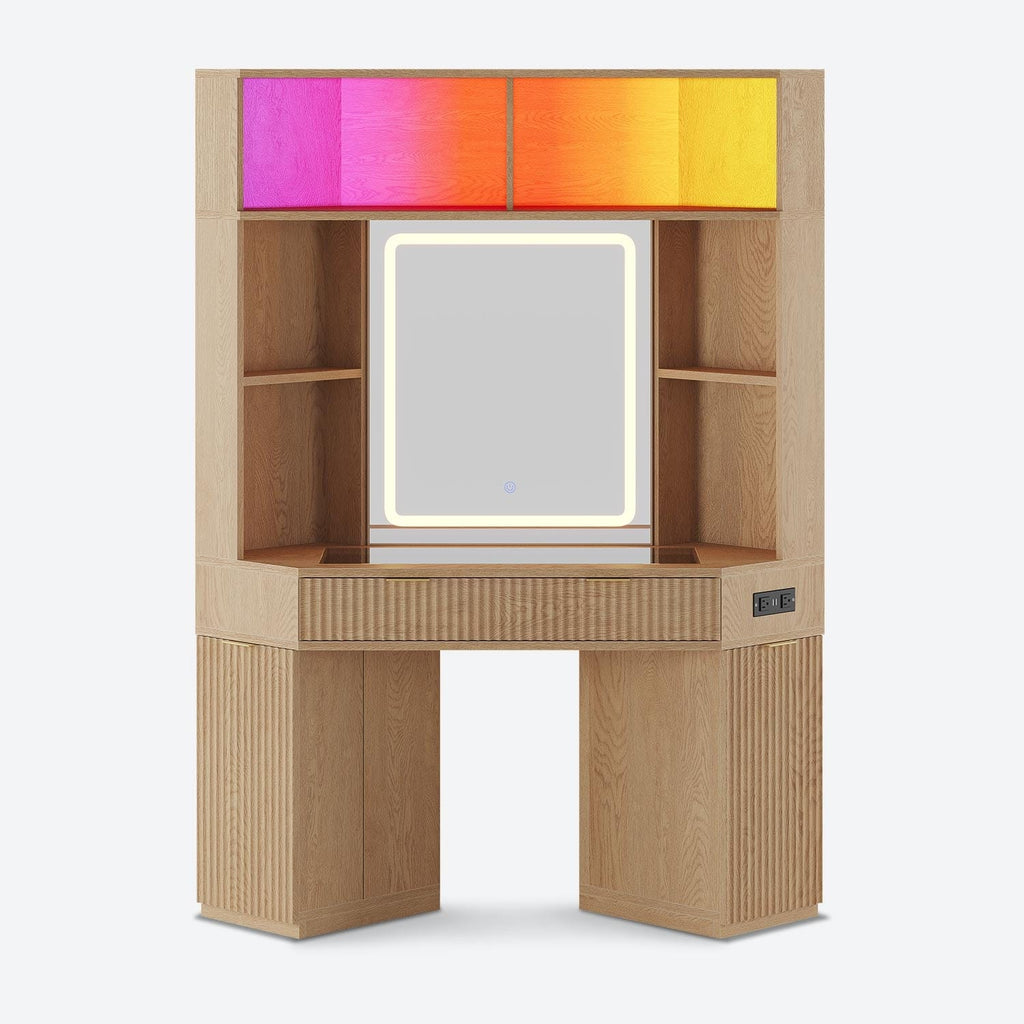 Fluted Corner Makeup Vanity with LED Lights & Charging Oak
