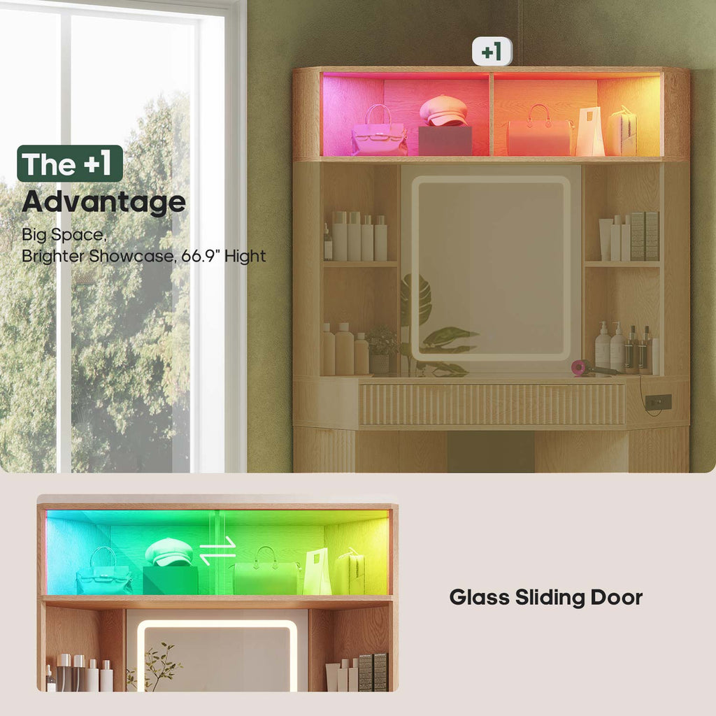 Fluted Corner Makeup Vanity with LED Lights & Charging Oak