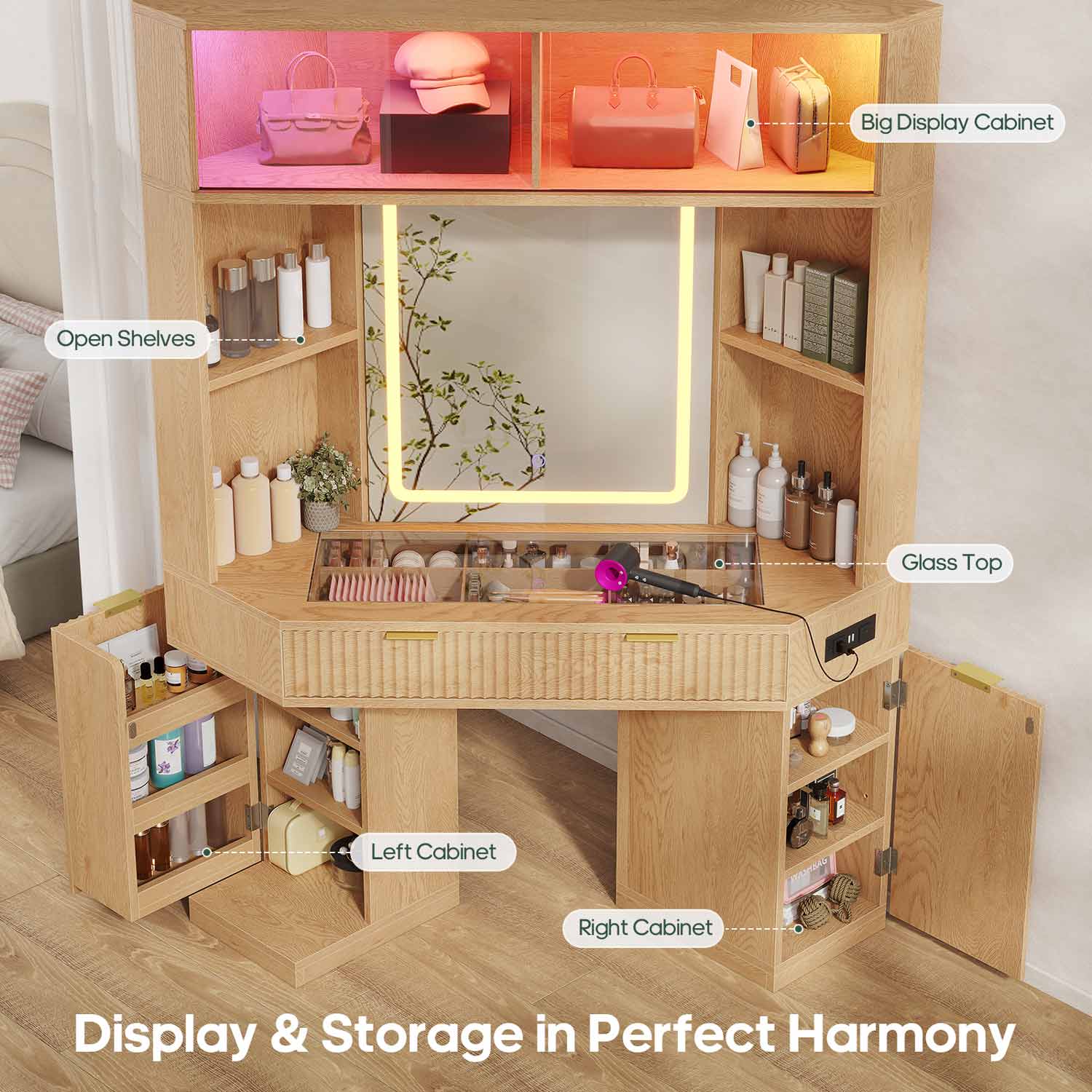 Fluted Corner Makeup Vanity with LED Lights & Charging Oak