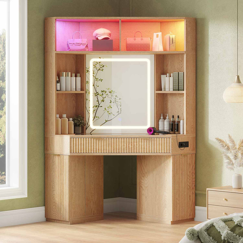 Fluted Corner Makeup Vanity with LED Lights & Charging Oak