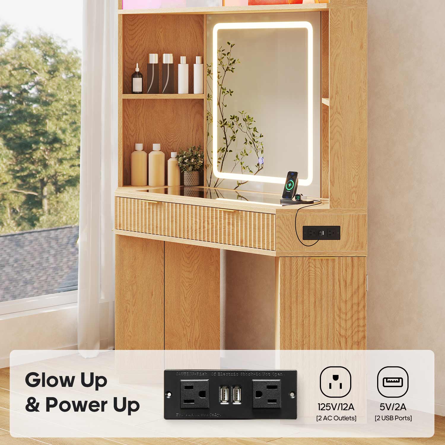 Fluted Corner Makeup Vanity with LED Lights & Charging Oak