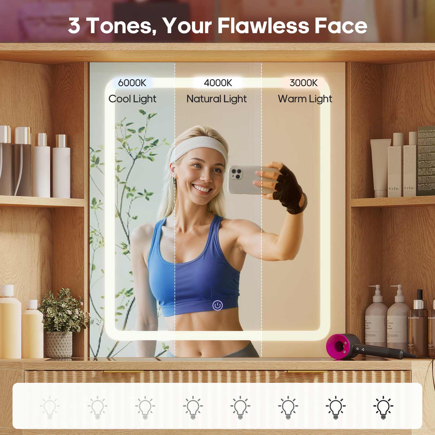 Fluted Corner Makeup Vanity with LED Lights & Charging Oak