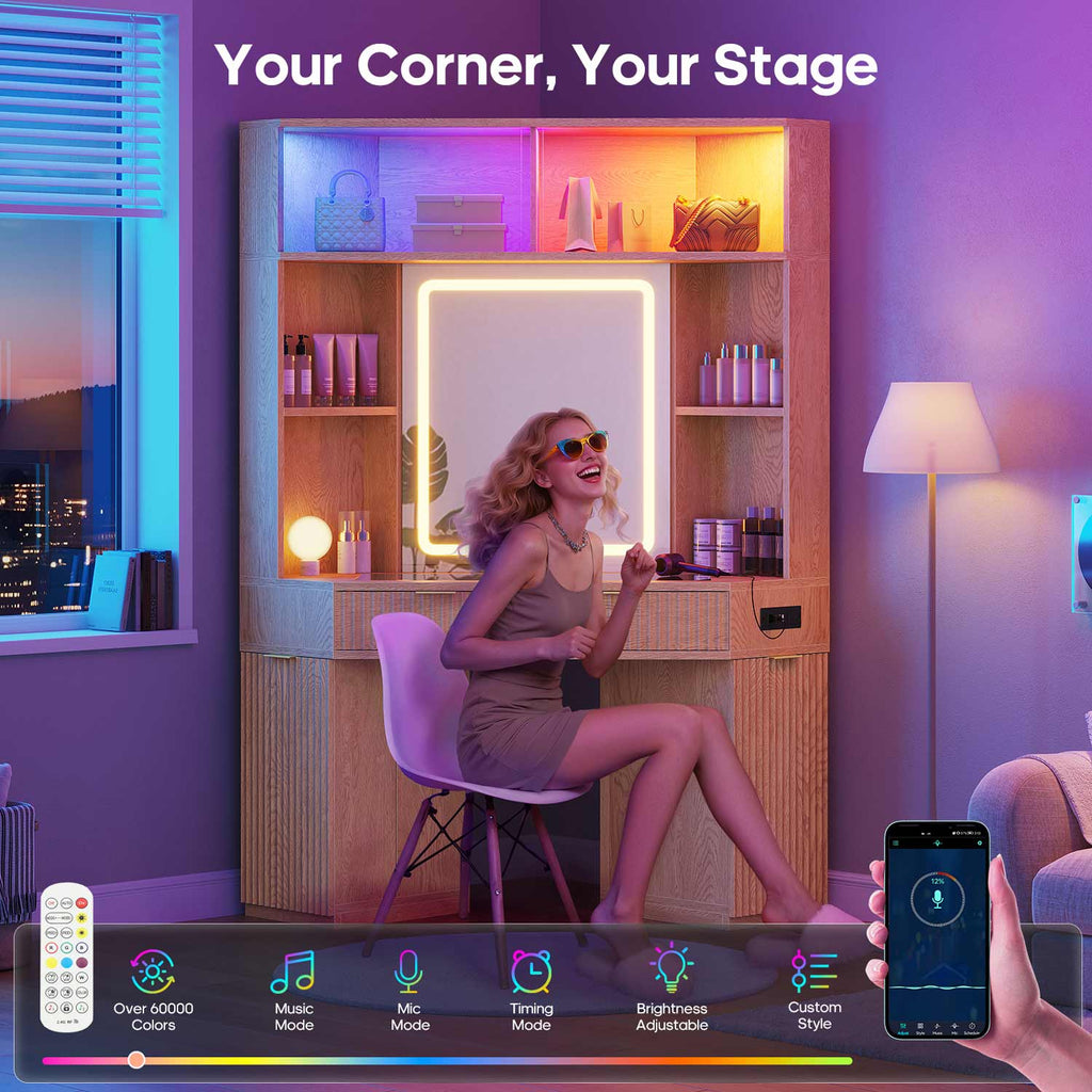 Fluted Corner Makeup Vanity with LED Lights & Charging Oak