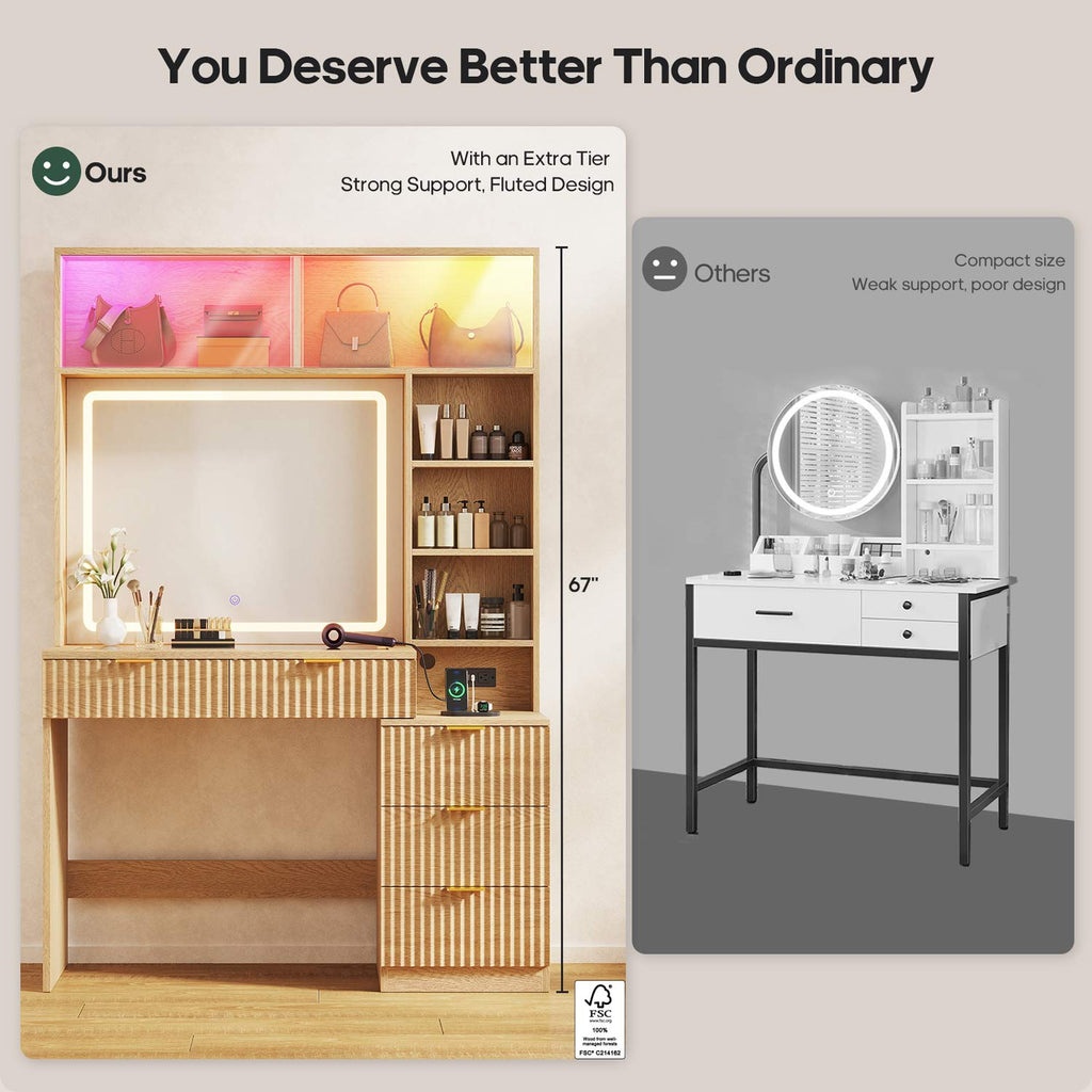 Fluted Makeup Vanity with Sync Music LED Lights and Glass Top Oak