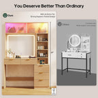 Fluted Makeup Vanity with Sync Music LED Lights and Glass Top Oak