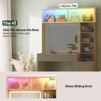 Fluted Makeup Vanity with Sync Music LED Lights and Glass Top Oak