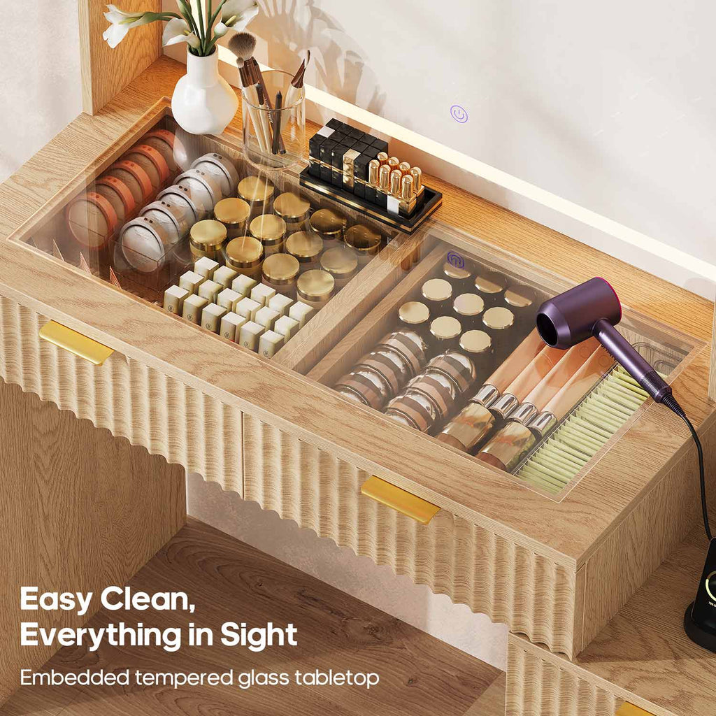 Fluted Makeup Vanity with Sync Music LED Lights and Glass Top Oak