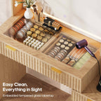 Fluted Makeup Vanity with Sync Music LED Lights and Glass Top Oak