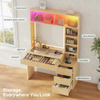 Fluted Makeup Vanity with Sync Music LED Lights and Glass Top Oak