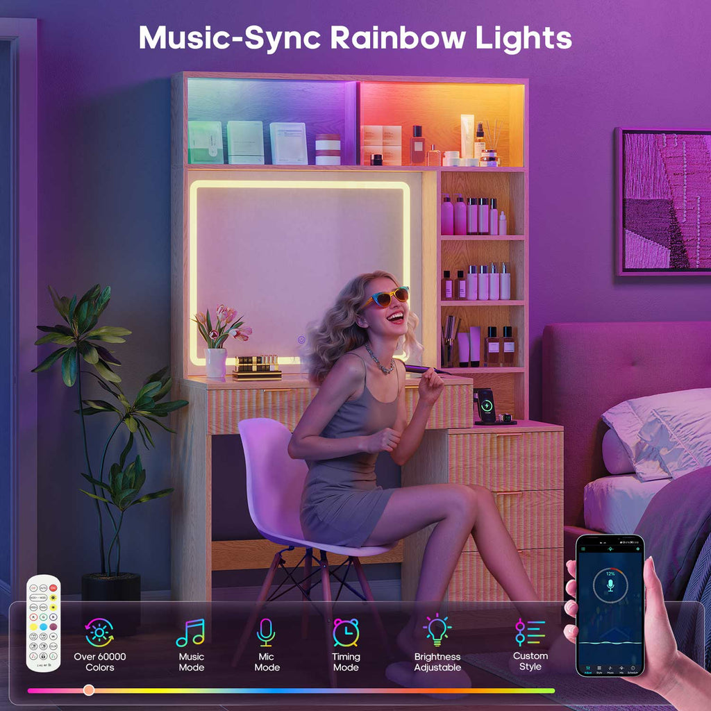 Fluted Makeup Vanity with Sync Music LED Lights and Glass Top Oak