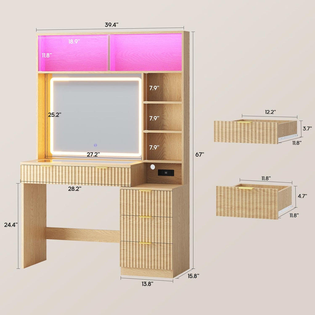Fluted Makeup Vanity with Sync Music LED Lights and Glass Top Oak