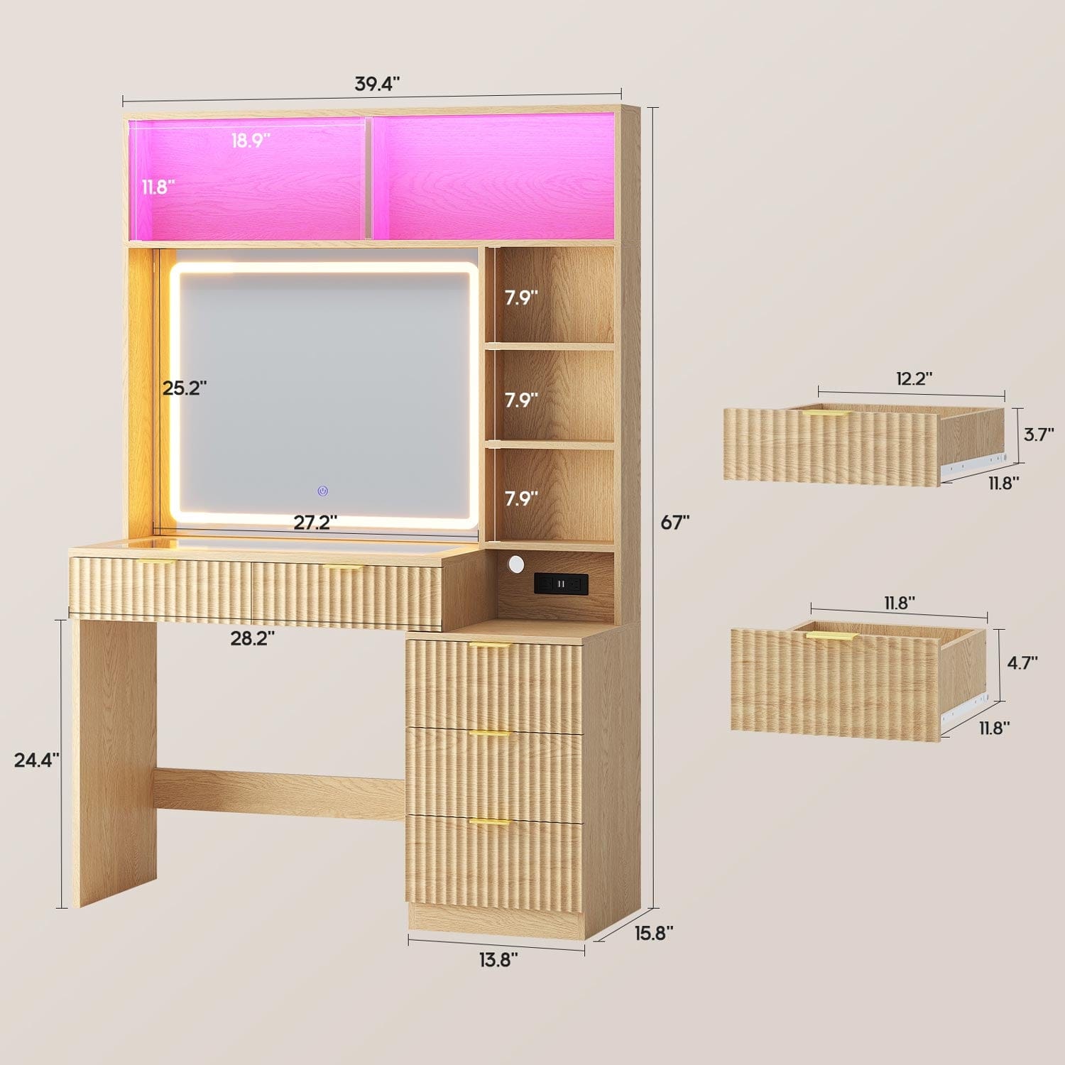 Fluted Makeup Vanity with Sync Music LED Lights and Glass Top Oak