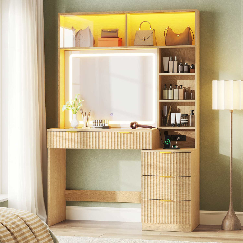 Fluted Makeup Vanity with Sync Music LED Lights and Glass Top Oak