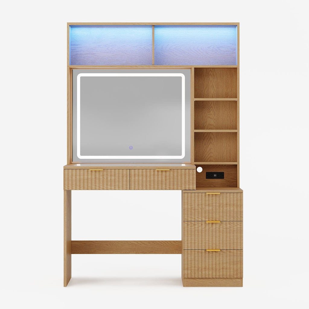 Fluted Makeup Vanity with Sync Music LED Lights and Glass Top Oak