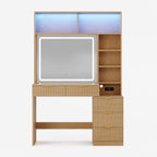 Fluted Makeup Vanity with Sync Music LED Lights and Glass Top Oak