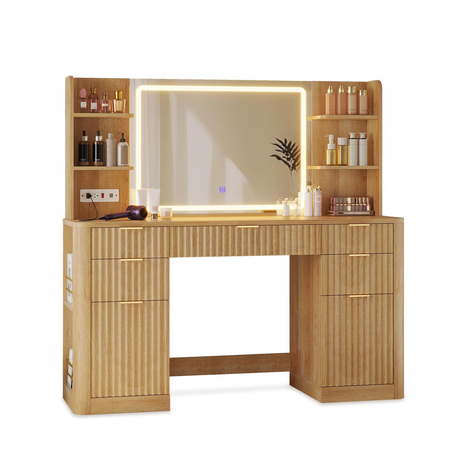 Fluted Makeup Vanity Desk with Mirror and Lights Oak