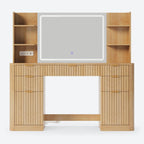 Fluted Makeup Vanity Desk with Mirror and Lights Oak