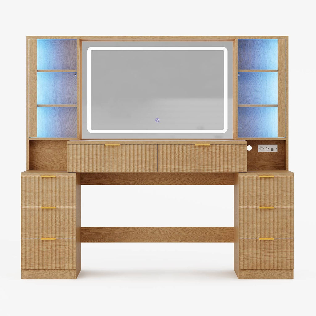 Fluted Makeup Vanity with LED Mirror & Sound Sync Lights Oak