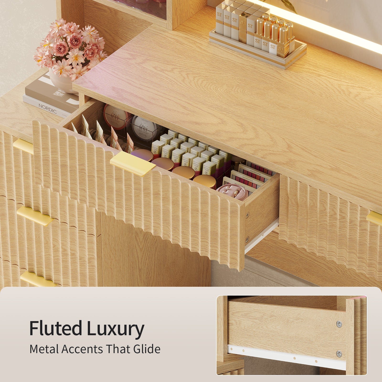 Fluted Makeup Vanity with LED Mirror & Sound Sync Lights Oak