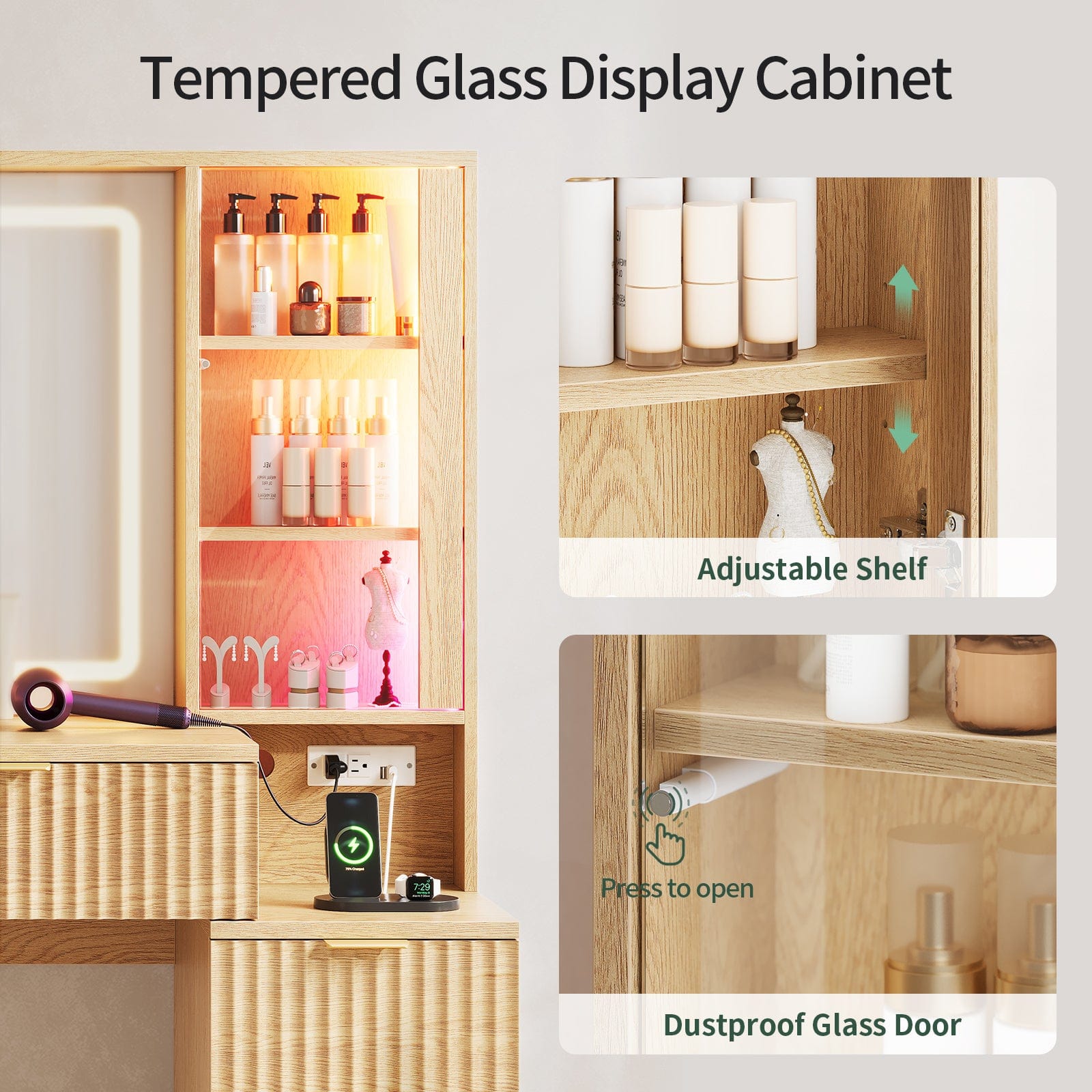 Fluted Makeup Vanity with LED Mirror & Sound Sync Lights Oak