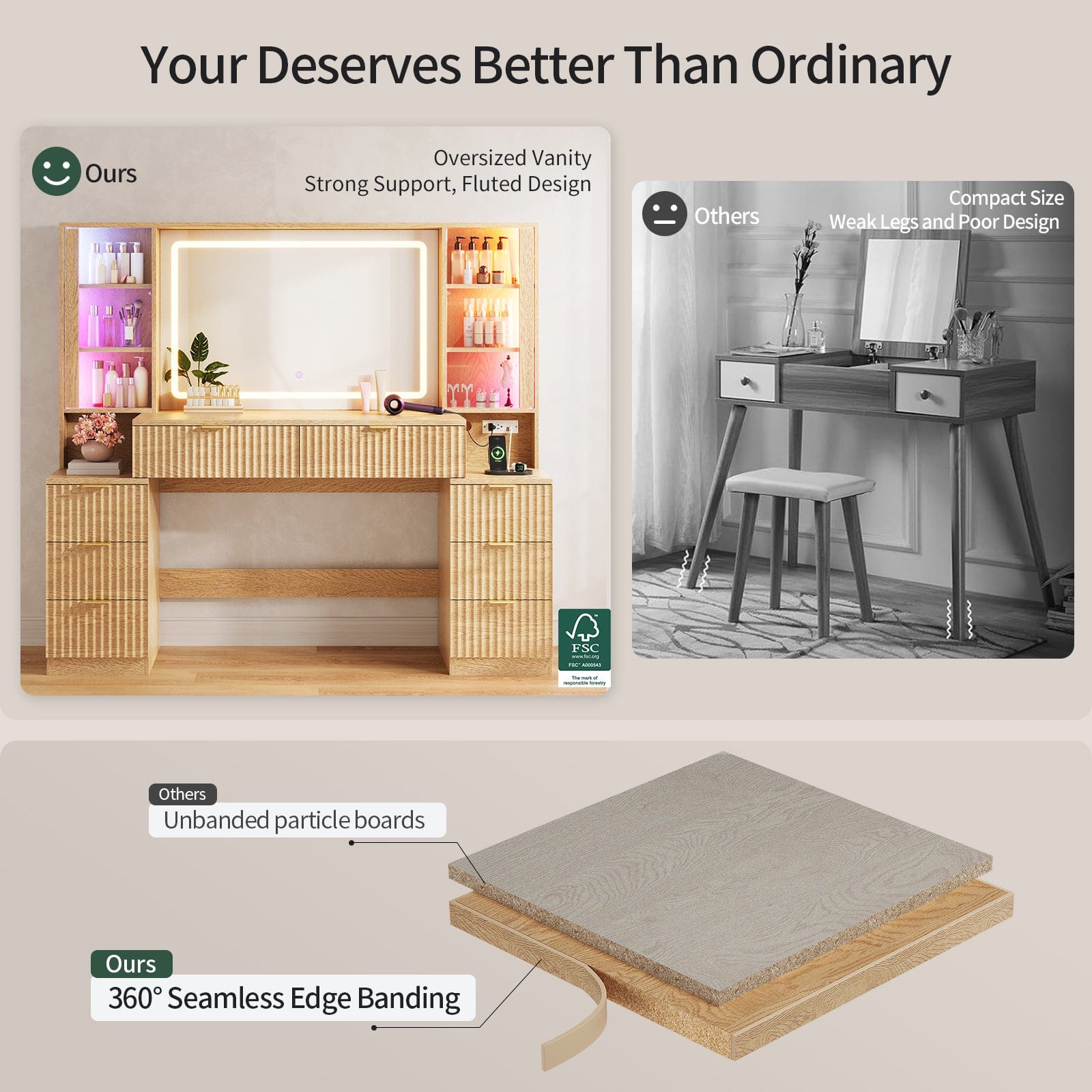 Fluted Makeup Vanity with LED Mirror & Sound Sync Lights Oak