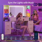 Fluted Makeup Vanity with LED Mirror & Sound Sync Lights Oak